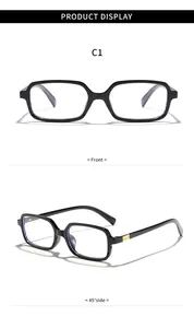 Detailed professional view of black square frame anti-blue light glasses, front and side