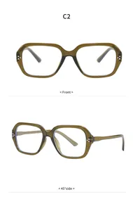 Detail view of vintage olive green polygonal glasses frame with anti-blue light lenses