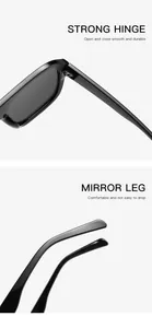 Detail view of strong hinges and comfortable temple tips of black square sunglasses