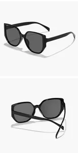 Detailed views of black square fashion sunglasses from front and back angles in white background