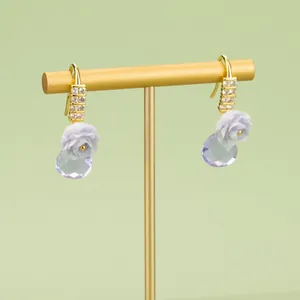 Elegant 18K gold plated drop earrings with purple flower and faceted crystal droplets