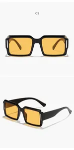 Detaillierte Vorder- und Seitenansicht einer quadratischen Cyberpunk-Sonnenbrille mit gelben Gläsern.