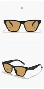 Vues de face et de profil de lunettes de soleil œil-de-chat noires avec verres ambrés.