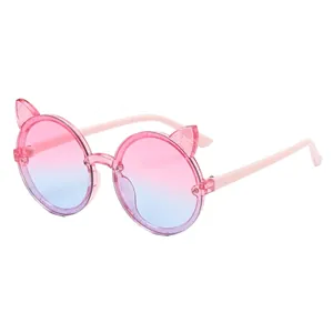 Children's round cat ear sunglasses with pink blue gradient lenses and glitter frame