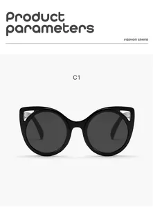 Front view of stylish black cat-ear children's sunglasses with UV protection detail
