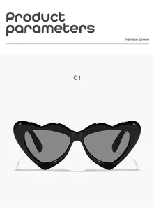 Detailed front view of stylish kids black heart-shaped sunglasses with dark grey lenses