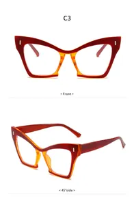 Vista detallada de montura de gafas ojo de gato roja y naranja de frente y de lado.