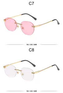 Detaillierte Seitenansicht der modischen randlosen sechseckigen Sonnenbrille in Pink