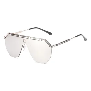 Retro oversized shield sunglasses with silver mirrored mono lens and slim metal frames