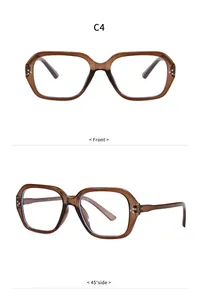 Close-up detail views of retro brown polygon anti-blue light glasses frames for women