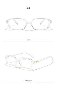 Transparent small square anti-blue light glasses shown from front and side angles