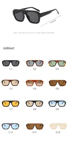 Square frame pilot sunglasses showing 12 color variants and 14.4cm width size detail