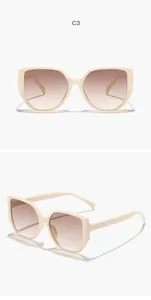 Detail views of stylish beige square frame sunglasses with gradient brown lenses