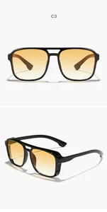 Detailed front and side views of steampunk sunglasses featuring yellow gradient lenses