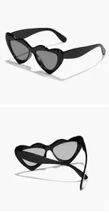 Front and rear views of chic black heart-shaped kids' sunglasses with grey lenses.