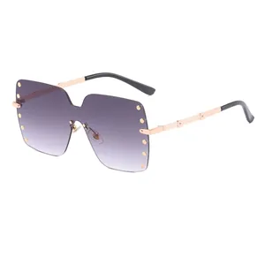 Fashion oversized rimless sunglasses for women with rivets and gradient purple lenses