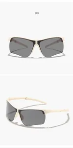 Detail of foldable kids sports sunglasses featuring off-white frames and protective grey lenses.