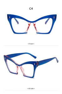 Vistas detalladas frontal y lateral de monturas de gafas de gato en azul y rosa.
