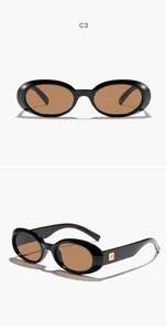 Detailed view of retro oval sunglasses with black frame and brown lenses