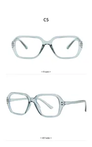 Front and 45-degree side views of light blue transparent polygon glasses frame