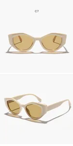 Macro detail view of retro cat-eye sunglasses with irregular cream polygonal frames