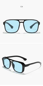 Detailed view of black steampunk sunglasses with light blue ocean lenses
