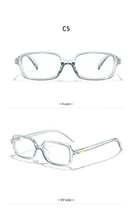 Detailed product view showing front and 45-degree side of blue anti-blue light glasses.