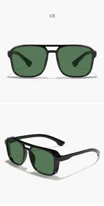 Black steampunk sunglasses with green lenses shown in front and side detail views