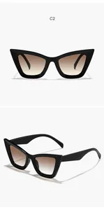 Vues de face et de profil de lunettes de soleil œil de chat noires avec verres dégradés bruns