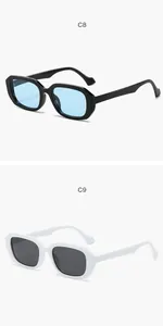 Retro rectangular sunglasses featuring black frames with blue lenses and white frames.