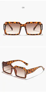 Detailansicht der quadratischen Schildpatt-Sonnenbrille mit braunem Verlaufsglas und Details.
