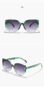 Green patterned square sunglasses with purple gradient lenses shown in two angles