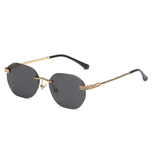 Stilvolle randlose achteckige Damen-Sonnenbrille mit grauen Meeresgläsern und Goldrahmen