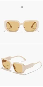 Two views of cream square sunglasses showing front profile and side arm structure detail.