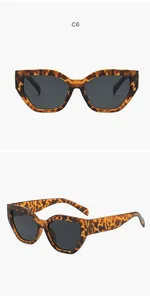 Dettaglio di occhiali da sole cat-eye leopardati con montature irregolari da due angolazioni