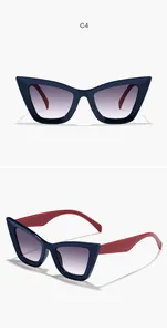 Vue détaillée de lunettes de soleil œil-de-chat bleu marine avec branches rouges.