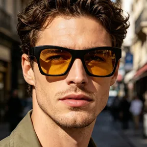 Retro square sunglasses with yellow lenses and black frames for men street fashion