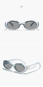 Close-up detail of retro oval sunglasses with transparent light blue frames and grey lenses