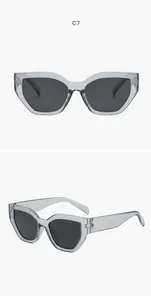 Dettaglio di occhiali da sole cat-eye grigio trasparente con montatura irregolare