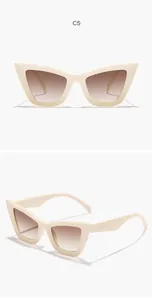 Détail d'une paire de lunettes de soleil œil-de-chat beige avec verres dégradés marron
