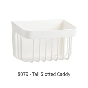 White wall-mounted bathroom storage rack with hollow drainage design for soap and towels