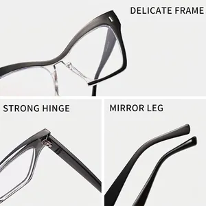 Vista detallada de gafas de ojo de gato grandes con montura bicolor y filtro de luz azul.