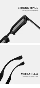 Detailed view of durable hinges and comfortable legs on large square sunglasses.