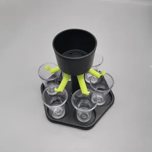 Vue de dessus détaillée du distributeur de vin hexagonal à 6 doses avec verres et plateau