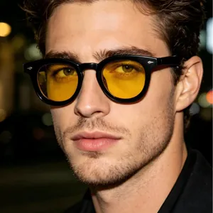 Retro black oval sunglasses with yellow lenses and silver rivets for men and women