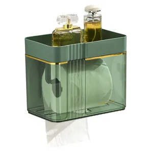 Élégant support de boîte à mouchoirs vert mural avec bordure dorée pour salle de bain