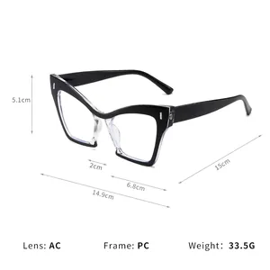 Gafas de gato anti-luz azul, montura bicolor negro y transparente con dimensiones.