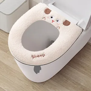 Soft thickened warm plush toilet seat cover with a cute cartoon sheep embroidered design
