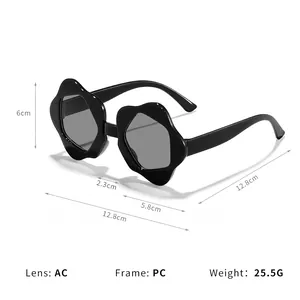 Kids flower shaped irregular sunglasses shown with full dimension measurements for size