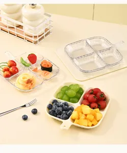 Close-up detail of divided serving trays filled with fresh colorful fruits and snacks